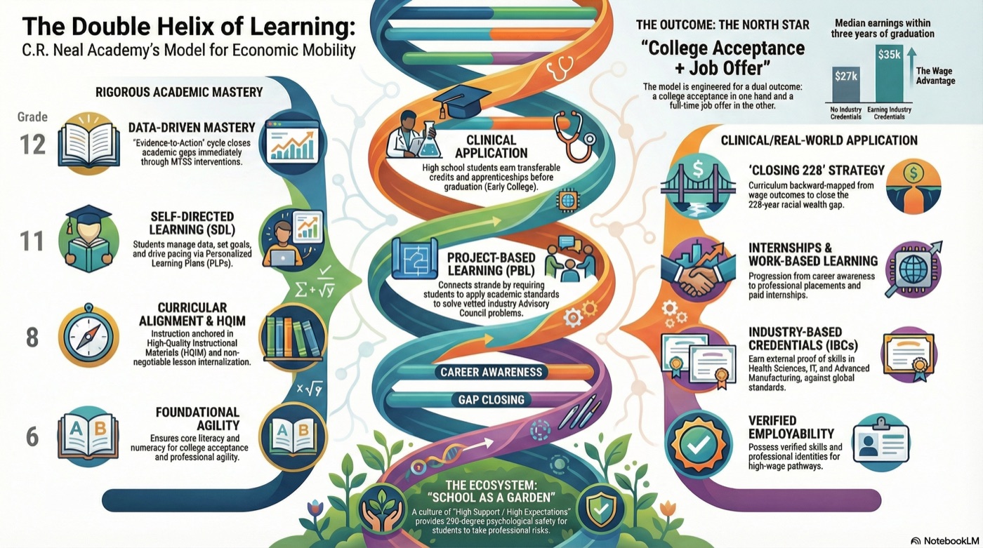 The Double Helix of Learning model — college preparation and career pathway braided as two intertwined strands