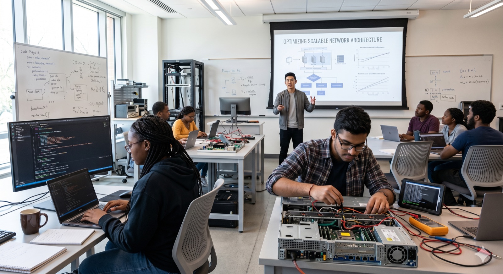 Students coding and working with server hardware